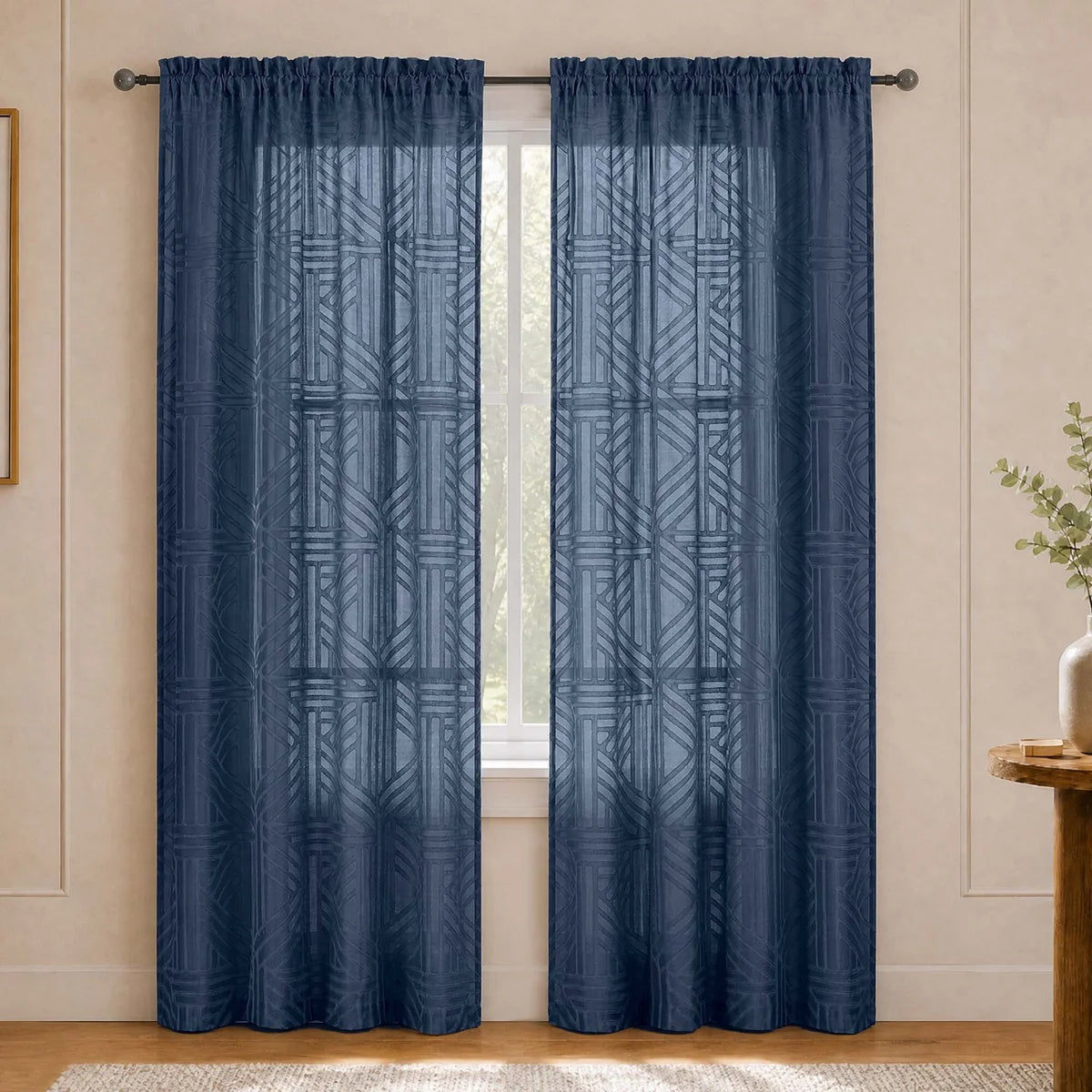 Navy Blue Sheer Curtains 72 Inch Length 2 Panels for Living Room, Light Filtering Geometric Jacquard Clip Textured Rod Pocket Semi Sheer Curtains for Front Back Patio Glass Door，42x72 inch (Set of 2)