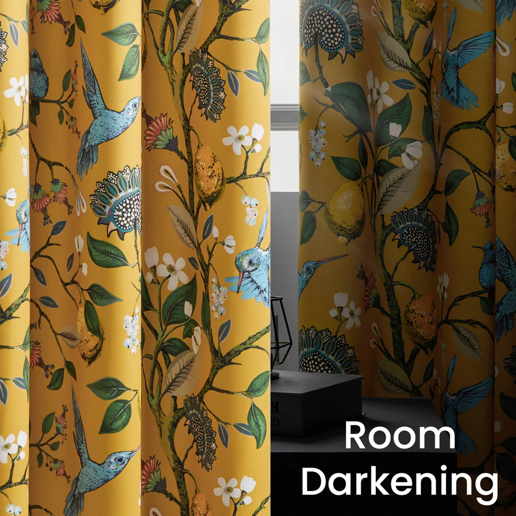 Fancy Hummingbird Patterned Room Darkening Curtain,Rod Pocket Back Tab Floral Drapes,Set of 2 (Set of 2)