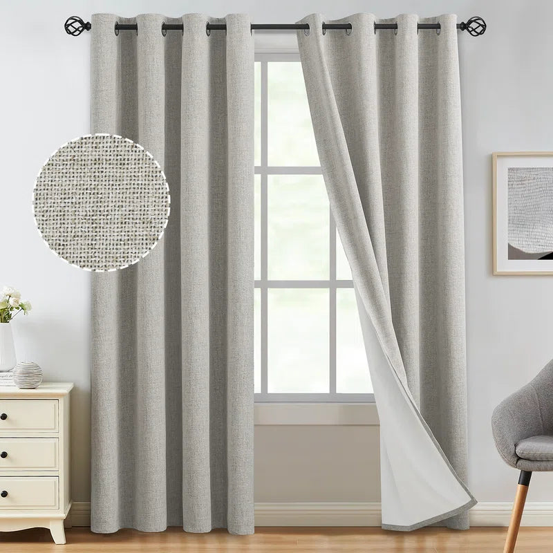 100% Blackout Linen Curtains,Room Darkening Grommet Drapes for Bedroom with White Liner (Set of 2)