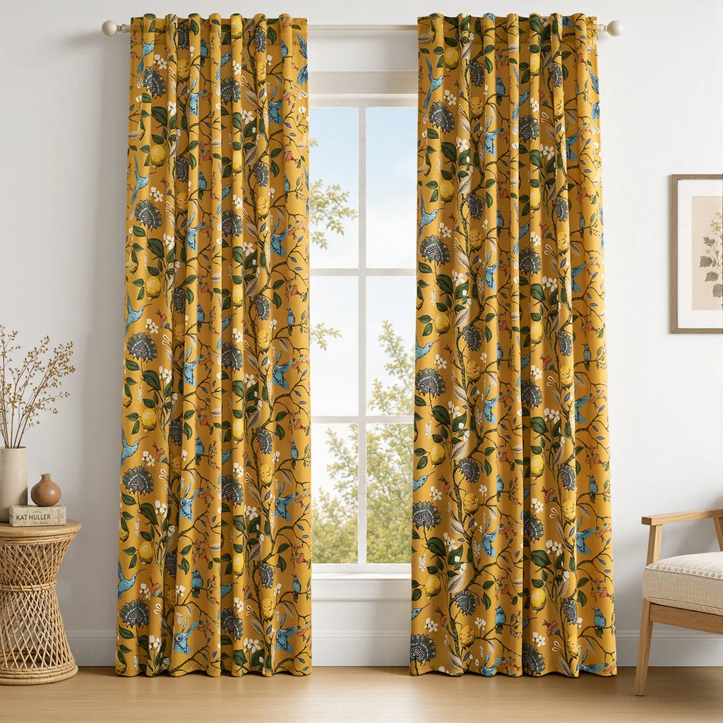 Fancy Hummingbird Patterned Room Darkening Curtain,Rod Pocket Back Tab Floral Drapes,Set of 2 (Set of 2)