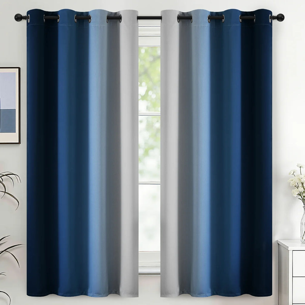 Ombre Blue Thermal Insulated Curtains, Grommet Top Gradient Window Drapes 2 Panels (Set of 2)