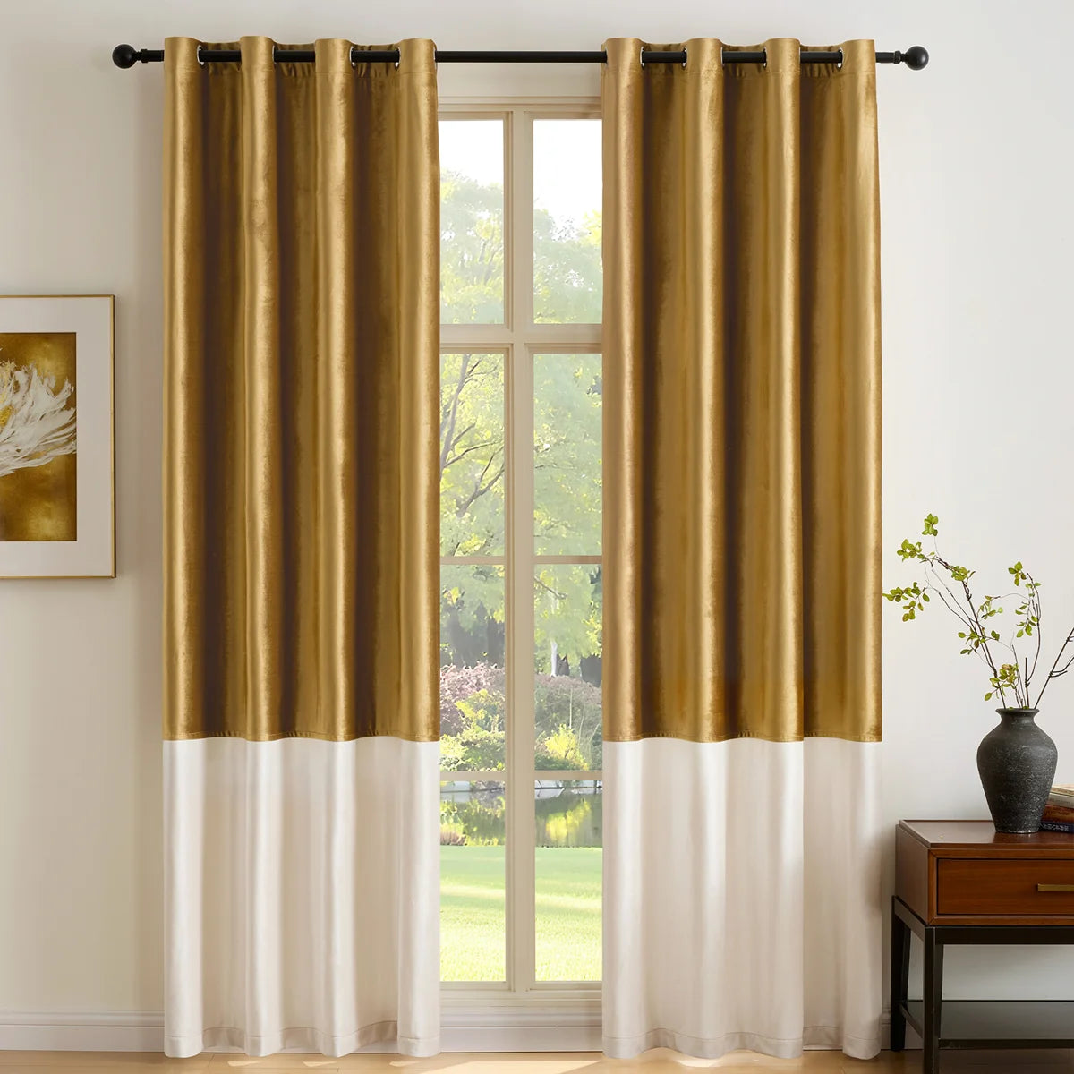 Velvet Room Darkening Curtain Panel. Blackout Thermal-Insulated Patchwork Drapes for Bedroom Living Room Window（set of 2）
