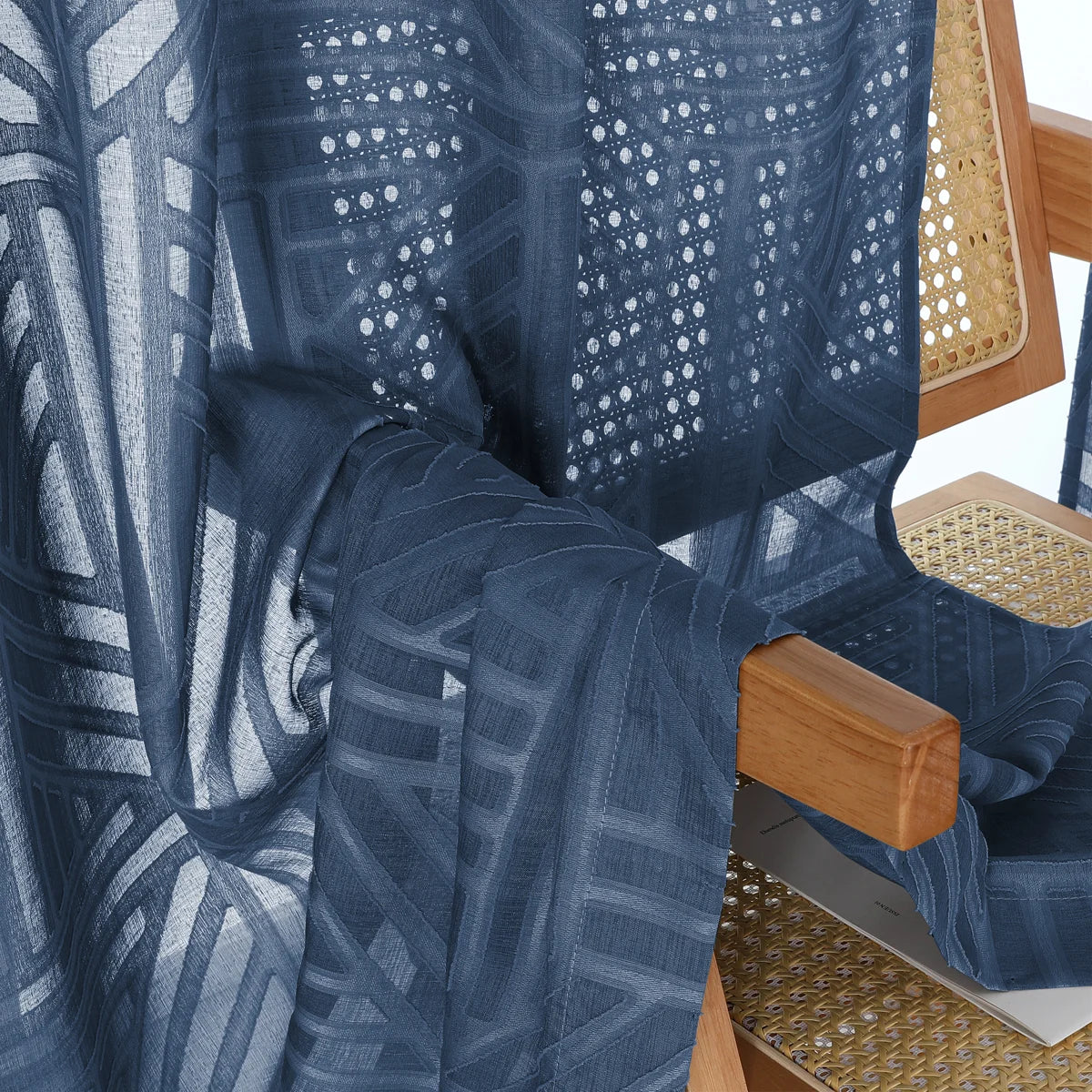 Navy Blue Sheer Curtains 72 Inch Length 2 Panels for Living Room, Light Filtering Geometric Jacquard Clip Textured Rod Pocket Semi Sheer Curtains for Front Back Patio Glass Door，42x72 inch (Set of 2)