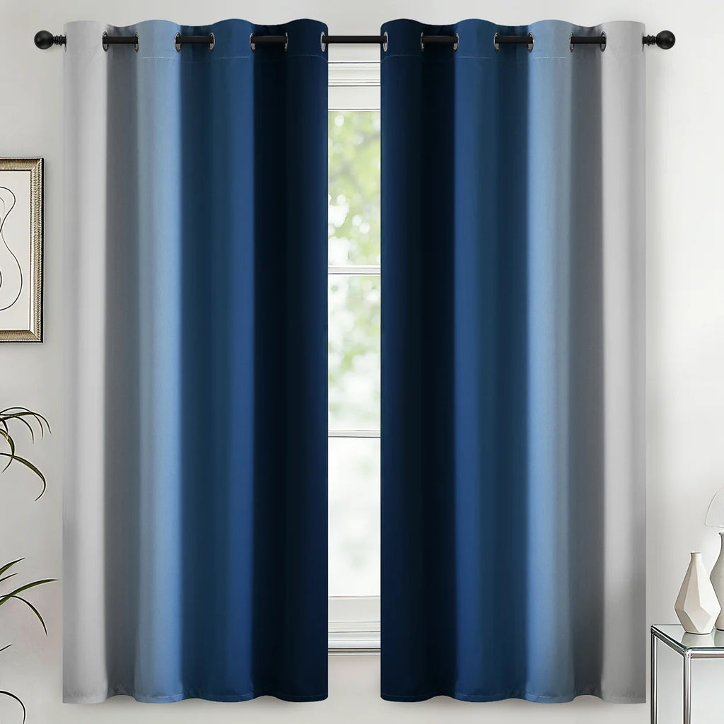 Ombre Blue Thermal Insulated Curtains, Grommet Top Gradient Window Drapes 2 Panels (Set of 2)