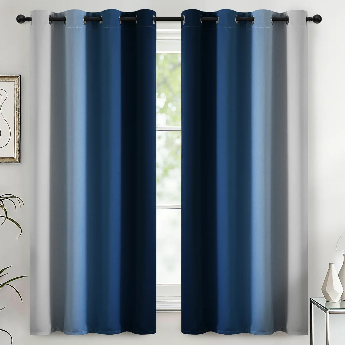 Ombre Blue Thermal Insulated Curtains, Grommet Top Gradient Window Drapes 2 Panels (Set of 2)