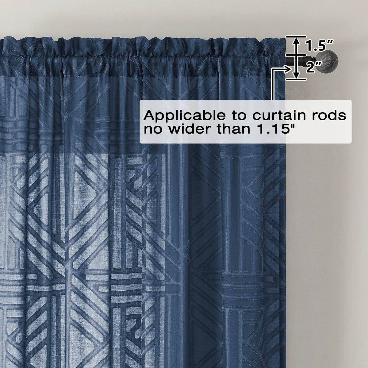 Navy Blue Sheer Curtains 72 Inch Length 2 Panels for Living Room, Light Filtering Geometric Jacquard Clip Textured Rod Pocket Semi Sheer Curtains for Front Back Patio Glass Door，42x72 inch (Set of 2)