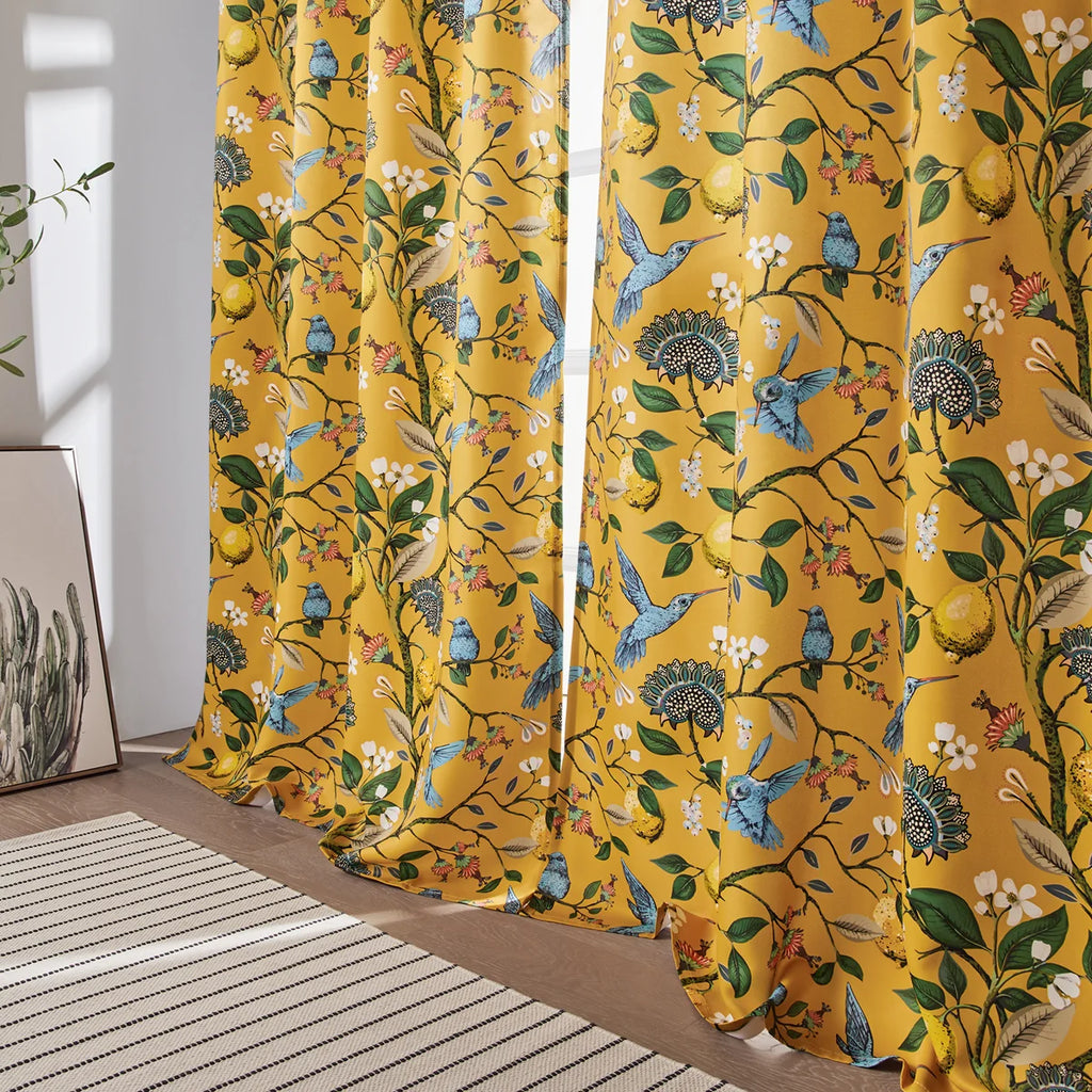 Fancy Hummingbird Patterned Room Darkening Curtain,Rod Pocket Back Tab Floral Drapes,Set of 2 (Set of 2)