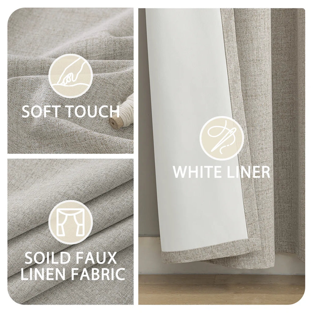 100% Blackout Linen Curtains,Room Darkening Grommet Drapes for Bedroom with White Liner (Set of 2)