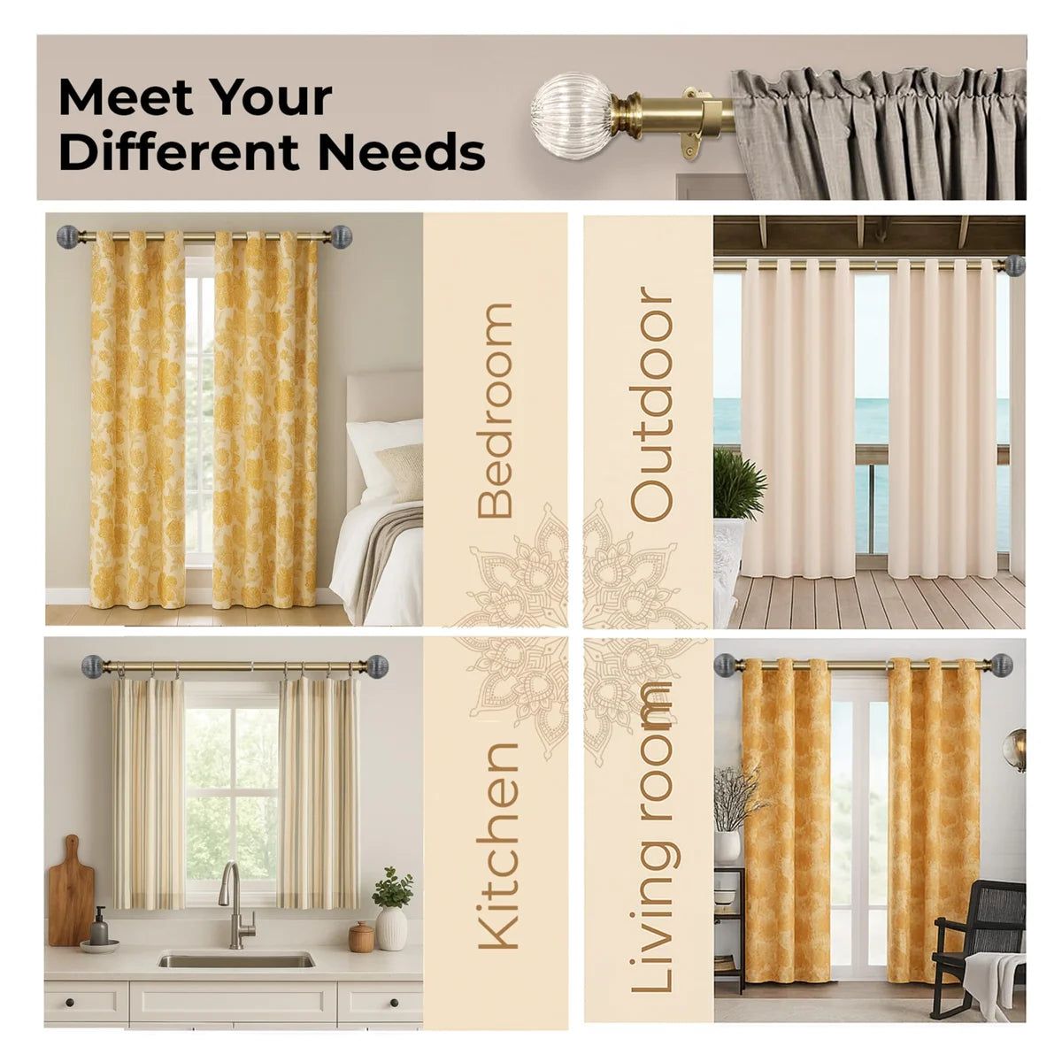 Adjustable Curtain Rod for Windows 44 to 120 Inch (Pack of 1) Extendable Heavy Duty 1 Inch Glass ball with Finials Wall Mounted Curtain Rods (Warm Gold)