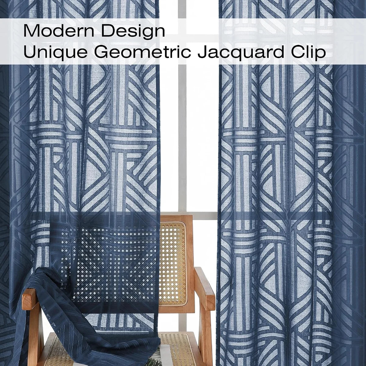 Navy Blue Sheer Curtains 72 Inch Length 2 Panels for Living Room, Light Filtering Geometric Jacquard Clip Textured Rod Pocket Semi Sheer Curtains for Front Back Patio Glass Door，42x72 inch (Set of 2)