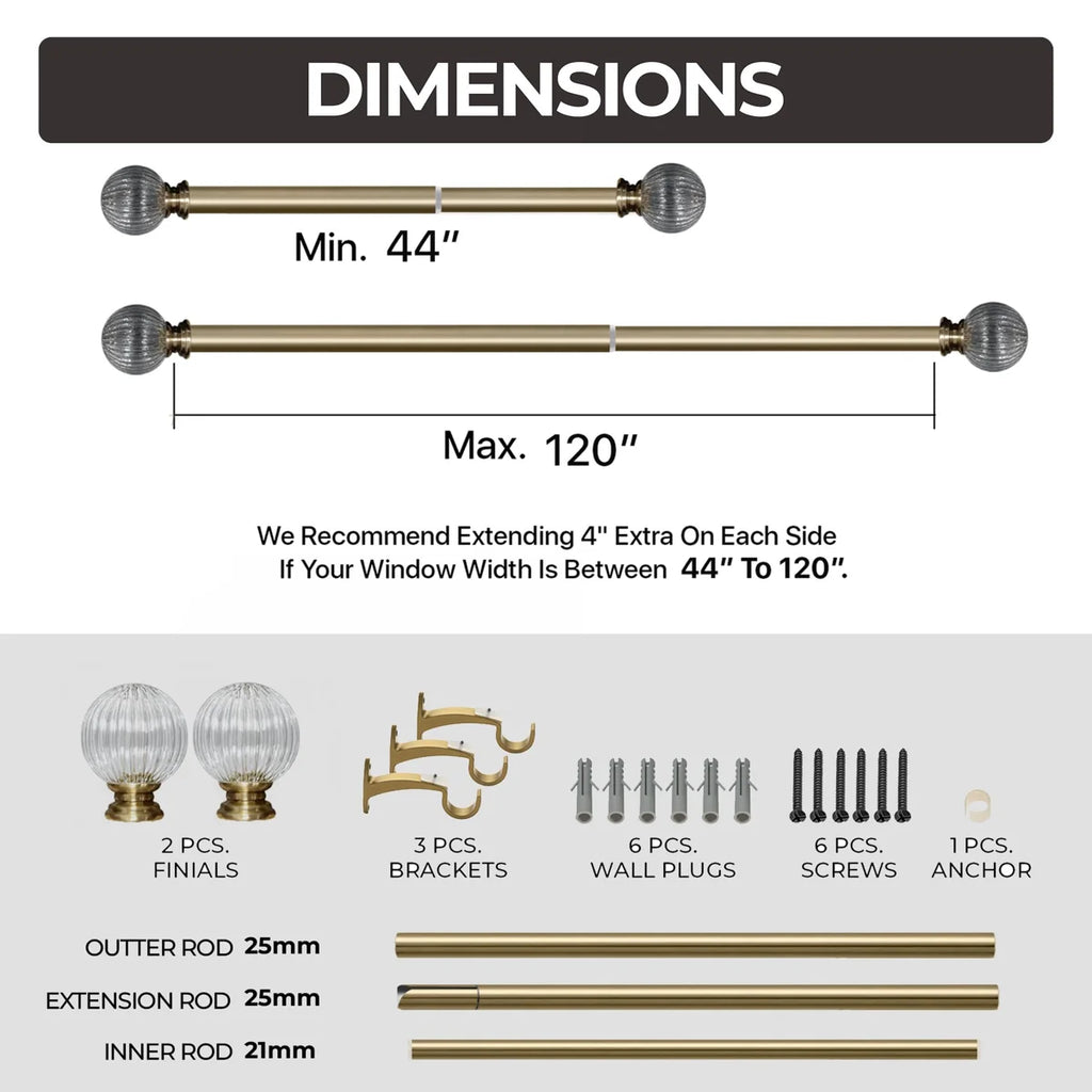 Adjustable Curtain Rod for Windows 44 to 120 Inch (Pack of 1) Extendable Heavy Duty 1 Inch Glass ball with Finials Wall Mounted Curtain Rods (Warm Gold)