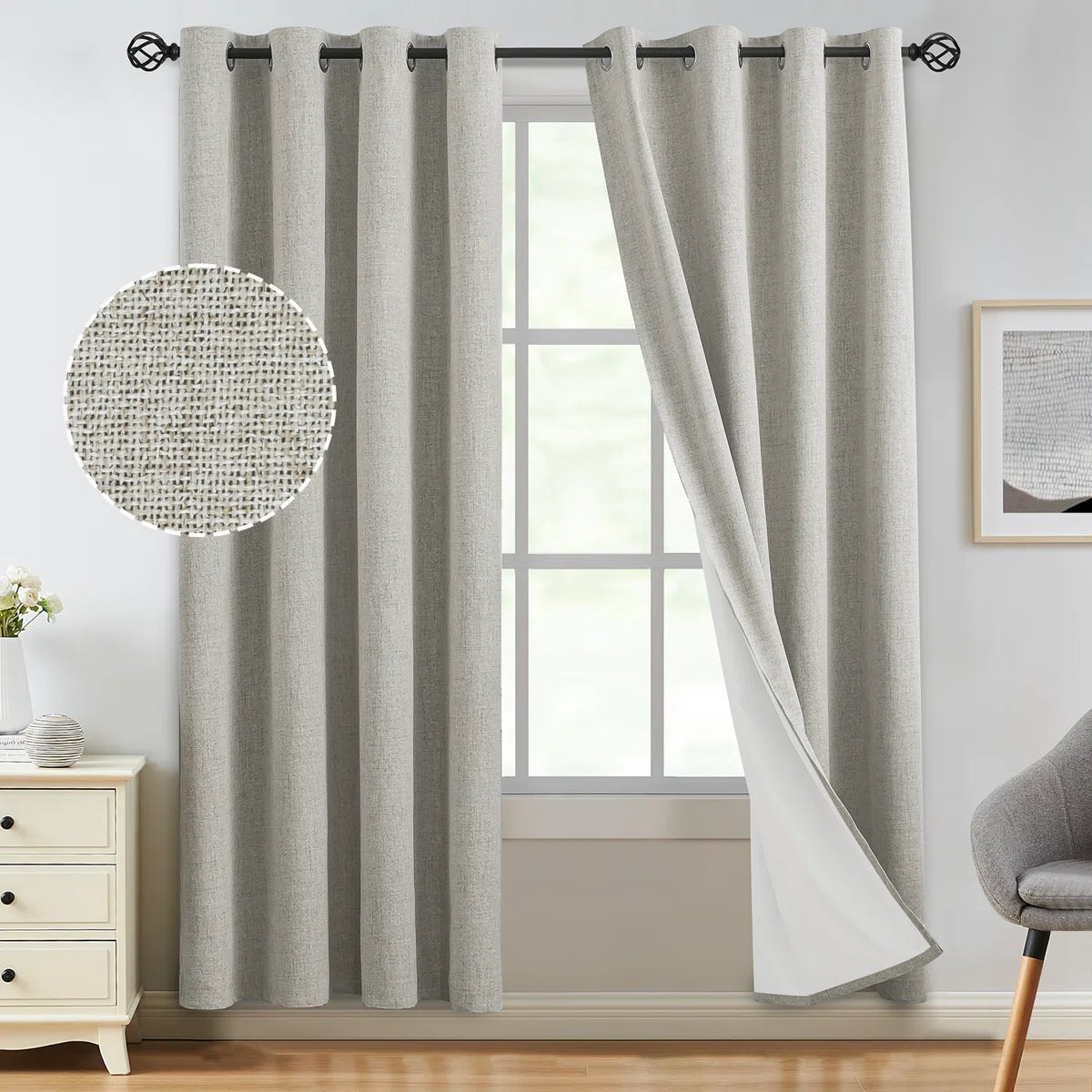 100% Blackout Linen Curtains,Room Darkening Grommet Drapes for Bedroom with White Liner (Set of 2)