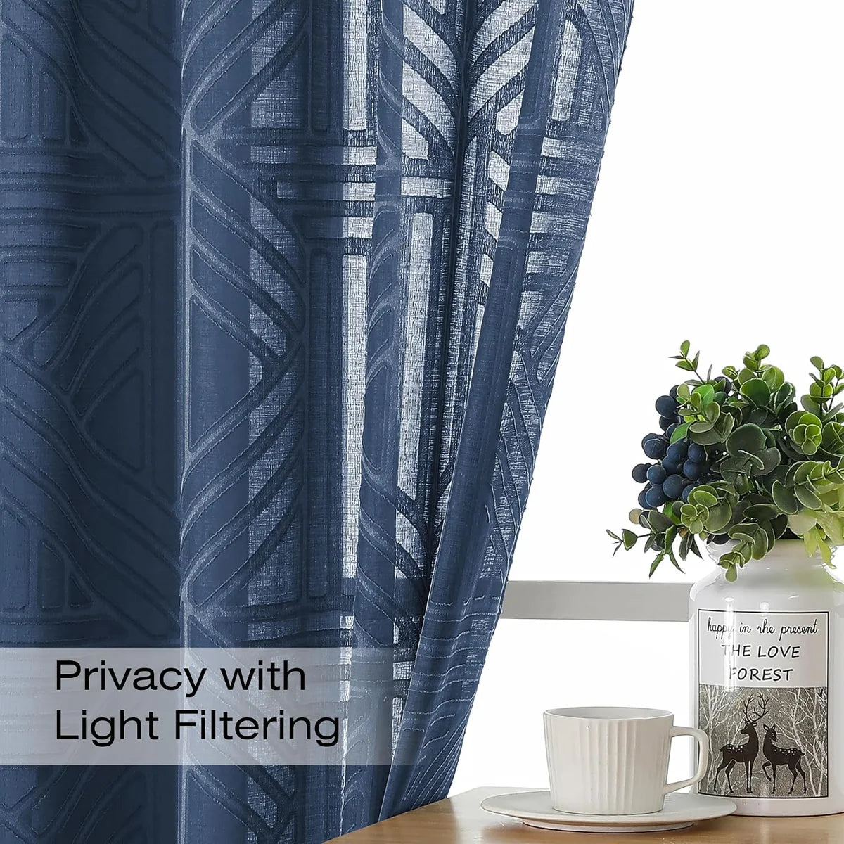 Navy Blue Sheer Curtains 72 Inch Length 2 Panels for Living Room, Light Filtering Geometric Jacquard Clip Textured Rod Pocket Semi Sheer Curtains for Front Back Patio Glass Door，42x72 inch (Set of 2)