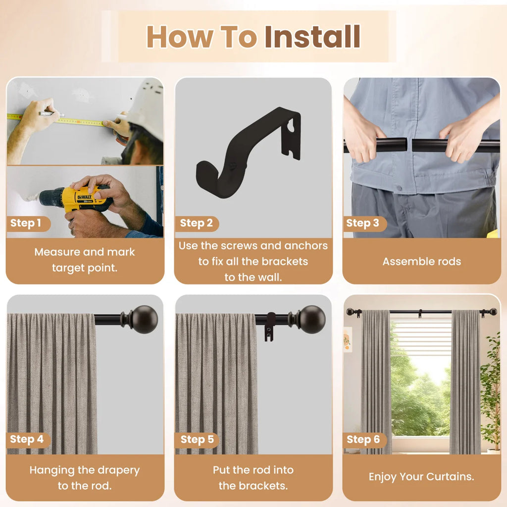 Curtain Rods 32-84 Inch, Heavy Duty 1 Inch Adjustable Curtain Rod for Windows, Bronze Window Treatment Rods with Round Finials, Easy Installation
