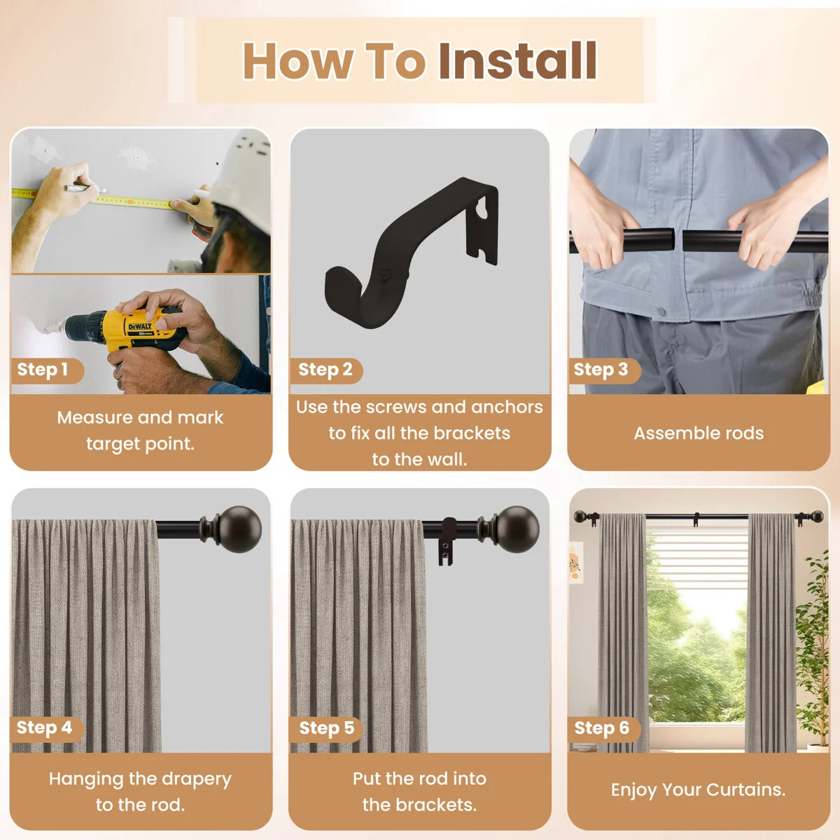 Curtain Rods 32-84 Inch, Heavy Duty 1 Inch Adjustable Curtain Rod for Windows, Bronze Window Treatment Rods with Round Finials, Easy Installation