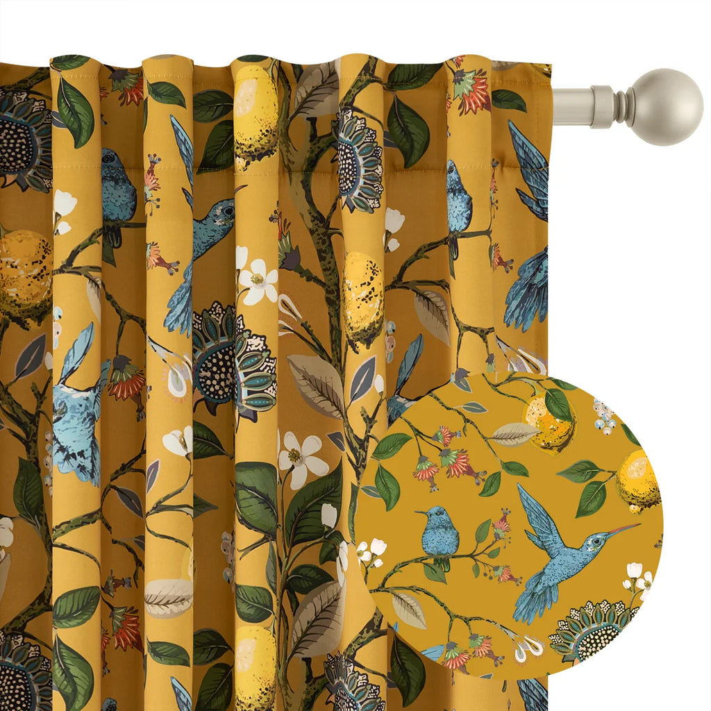 Fancy Hummingbird Patterned Room Darkening Curtain,Rod Pocket Back Tab Floral Drapes,Set of 2 (Set of 2)