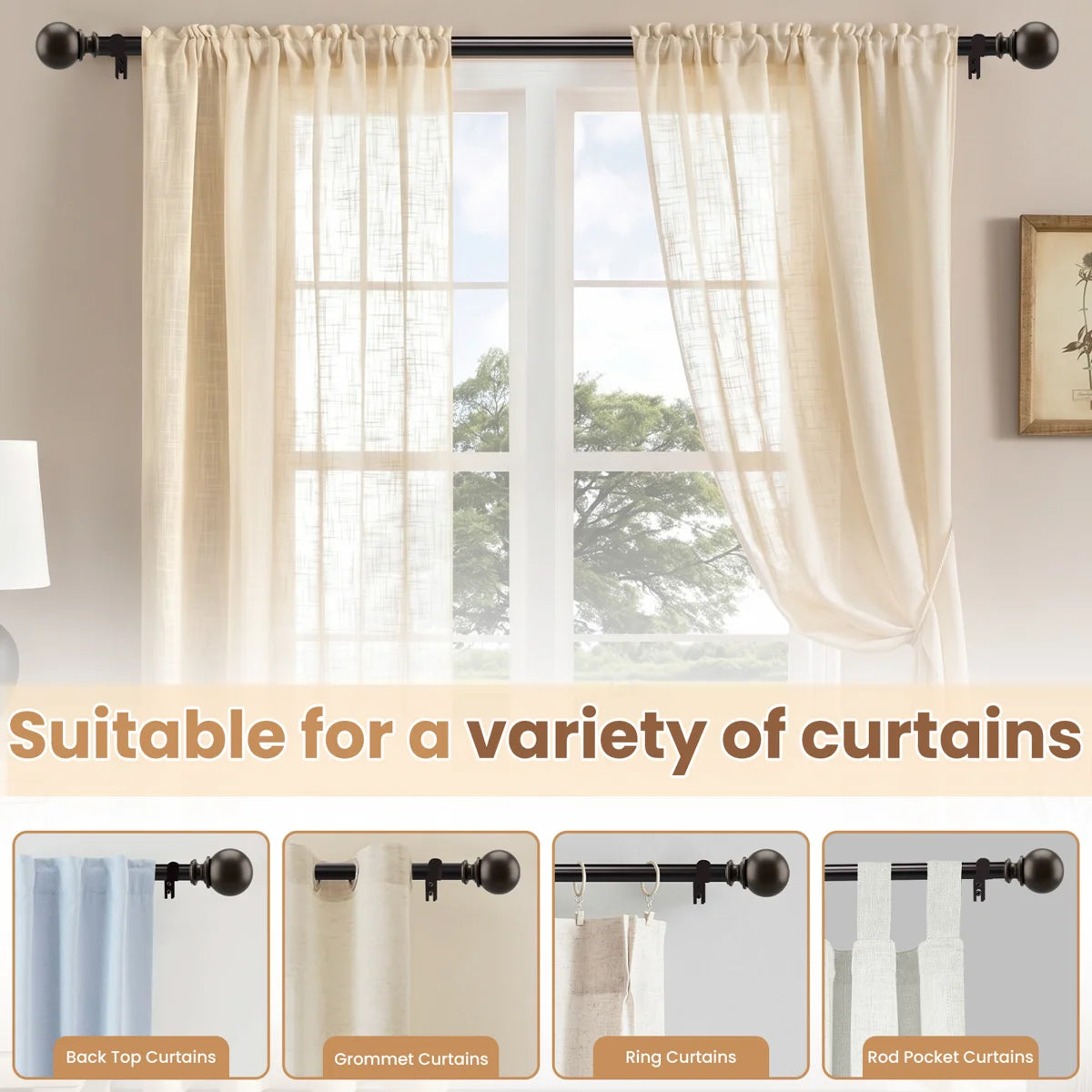 Curtain Rods 32-84 Inch, Heavy Duty 1 Inch Adjustable Curtain Rod for Windows, Bronze Window Treatment Rods with Round Finials, Easy Installation