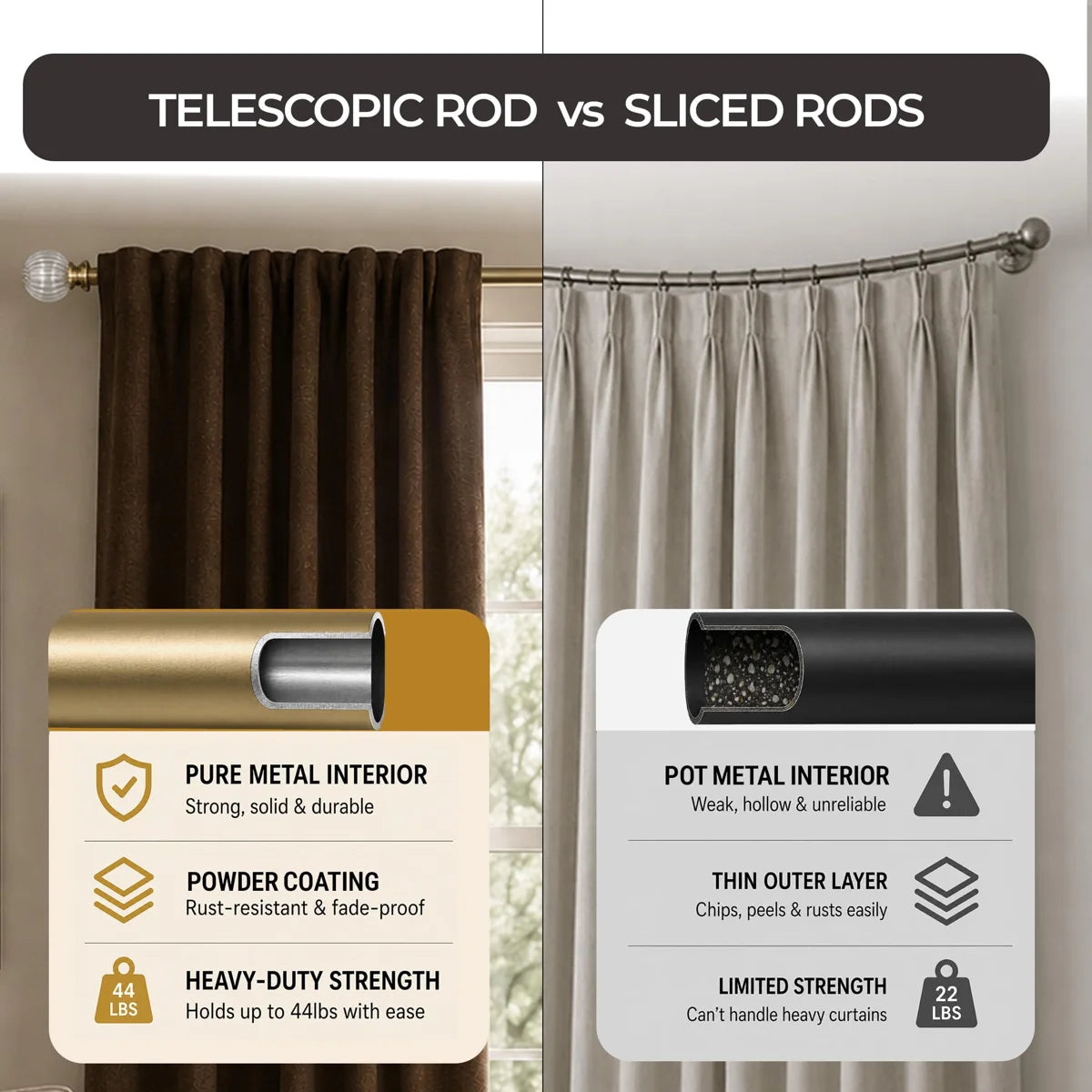 Adjustable Curtain Rod for Windows 44 to 120 Inch (Pack of 1) Extendable Heavy Duty 1 Inch Glass ball with Finials Wall Mounted Curtain Rods (Warm Gold)