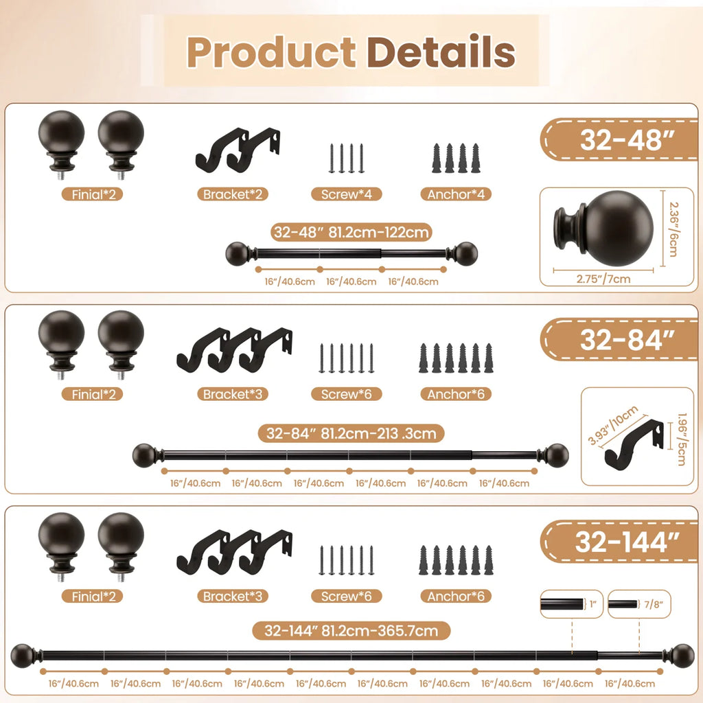 Curtain Rods 32-84 Inch, Heavy Duty 1 Inch Adjustable Curtain Rod for Windows, Bronze Window Treatment Rods with Round Finials, Easy Installation