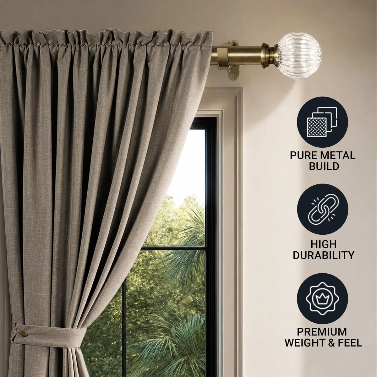 Adjustable Curtain Rod for Windows 44 to 120 Inch (Pack of 1) Extendable Heavy Duty 1 Inch Glass ball with Finials Wall Mounted Curtain Rods (Warm Gold)