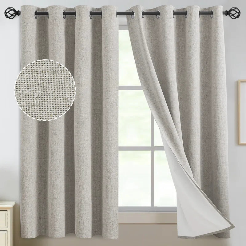 100% Blackout Linen Curtains,Room Darkening Grommet Drapes for Bedroom with White Liner (Set of 2)