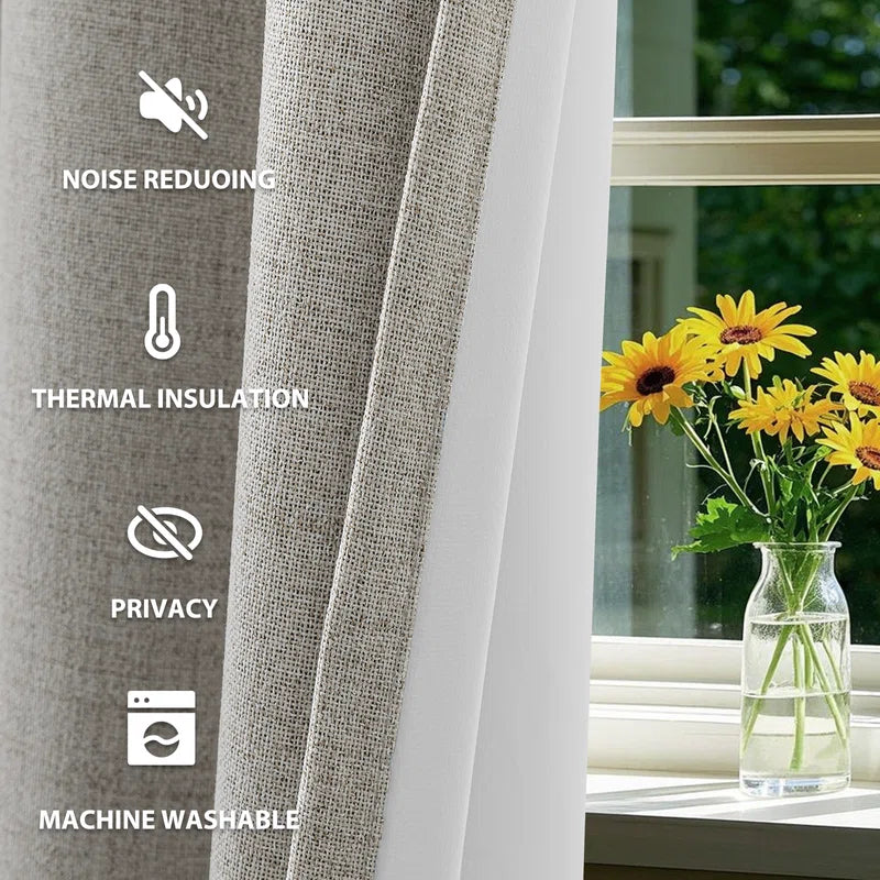 100% Blackout Linen Curtains,Room Darkening Grommet Drapes for Bedroom with White Liner (Set of 2)